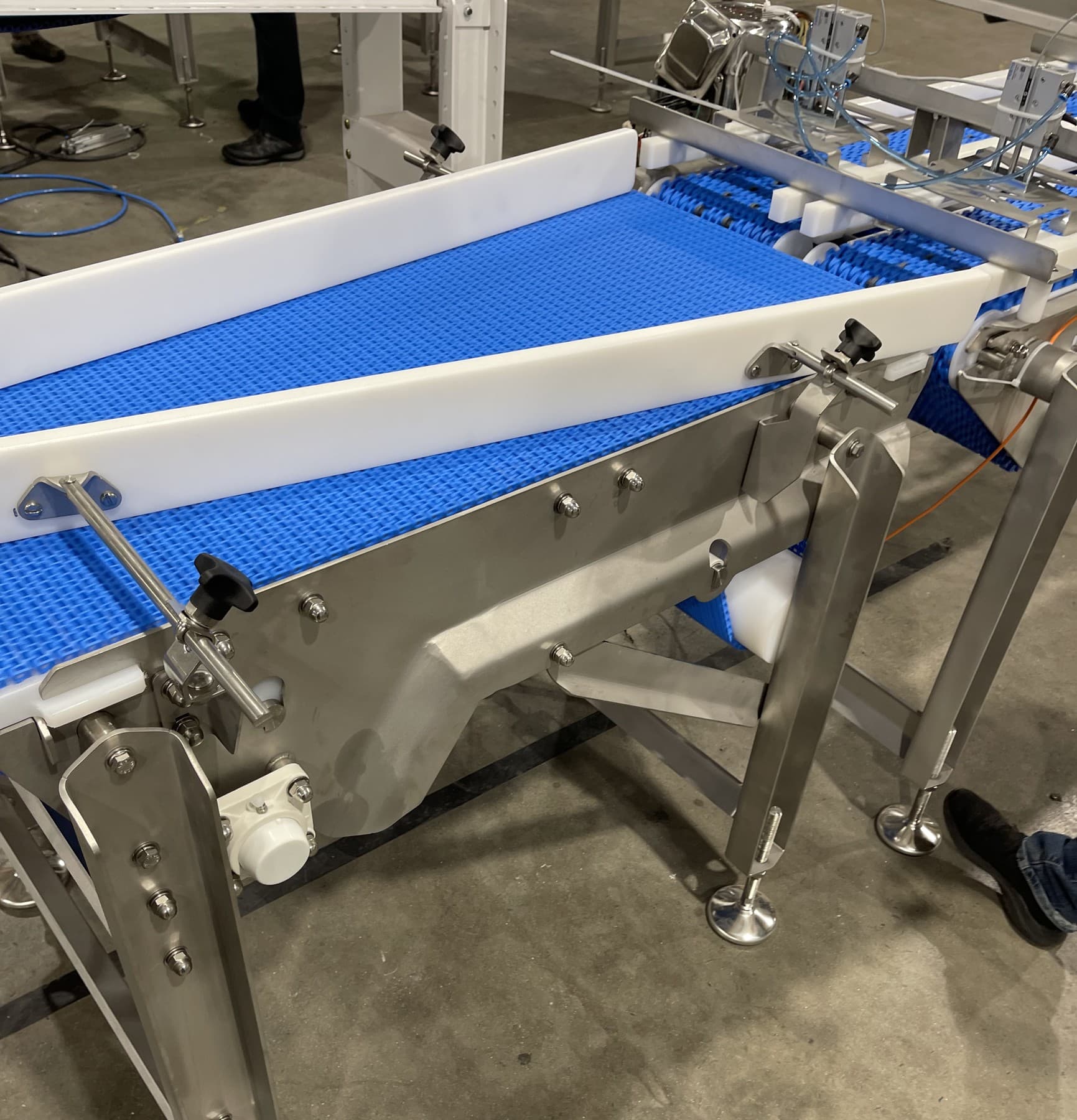 Close-up of a sanitary modular belt conveyor on the AQS shop floor: blue modular belt, continuous stainless frame with cutaway side panels, quick-adjust guide rails on stainless hand knobs, and hygienic leveling feet