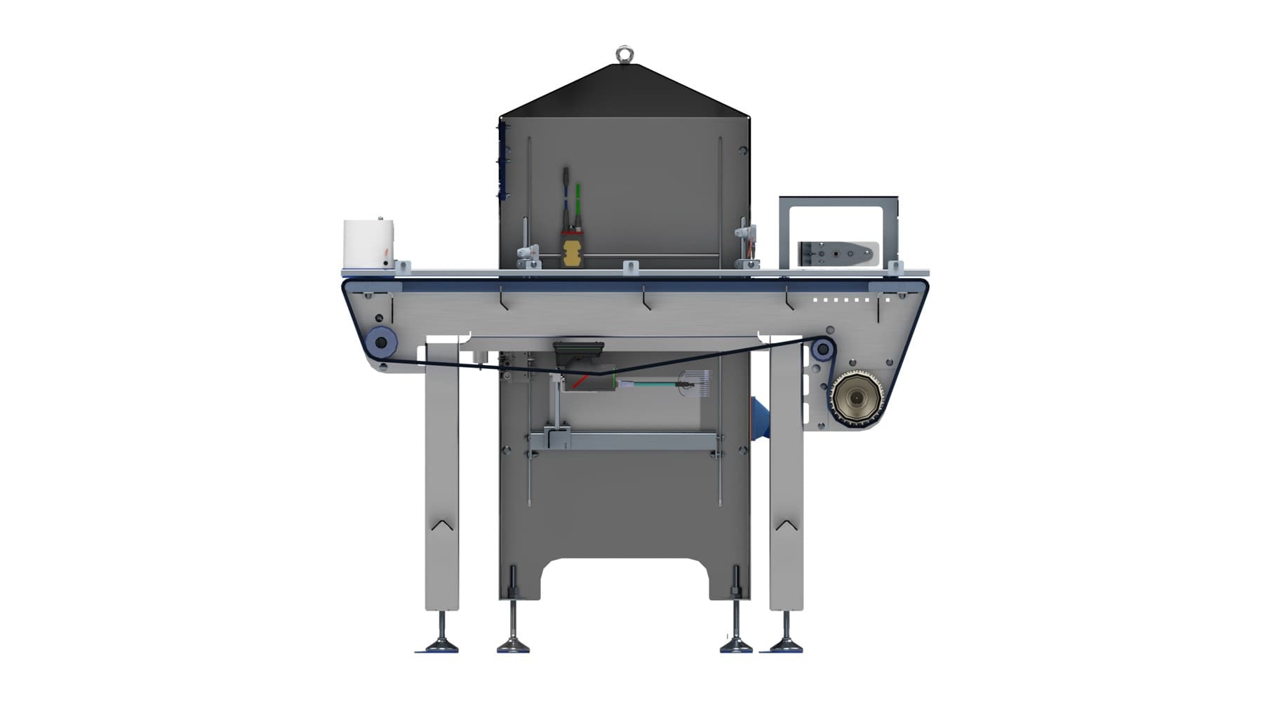 Side view render of the lid-match inspection system showing the split-belt conveyor under the inspection shroud