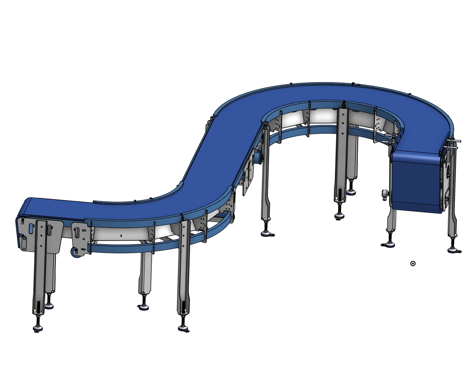 Engineering render of an AQS spline S-curve conveyor with a blue side-flexing modular belt running from a low infeed through two opposed turns to a discharge end with a below-deck drive housing