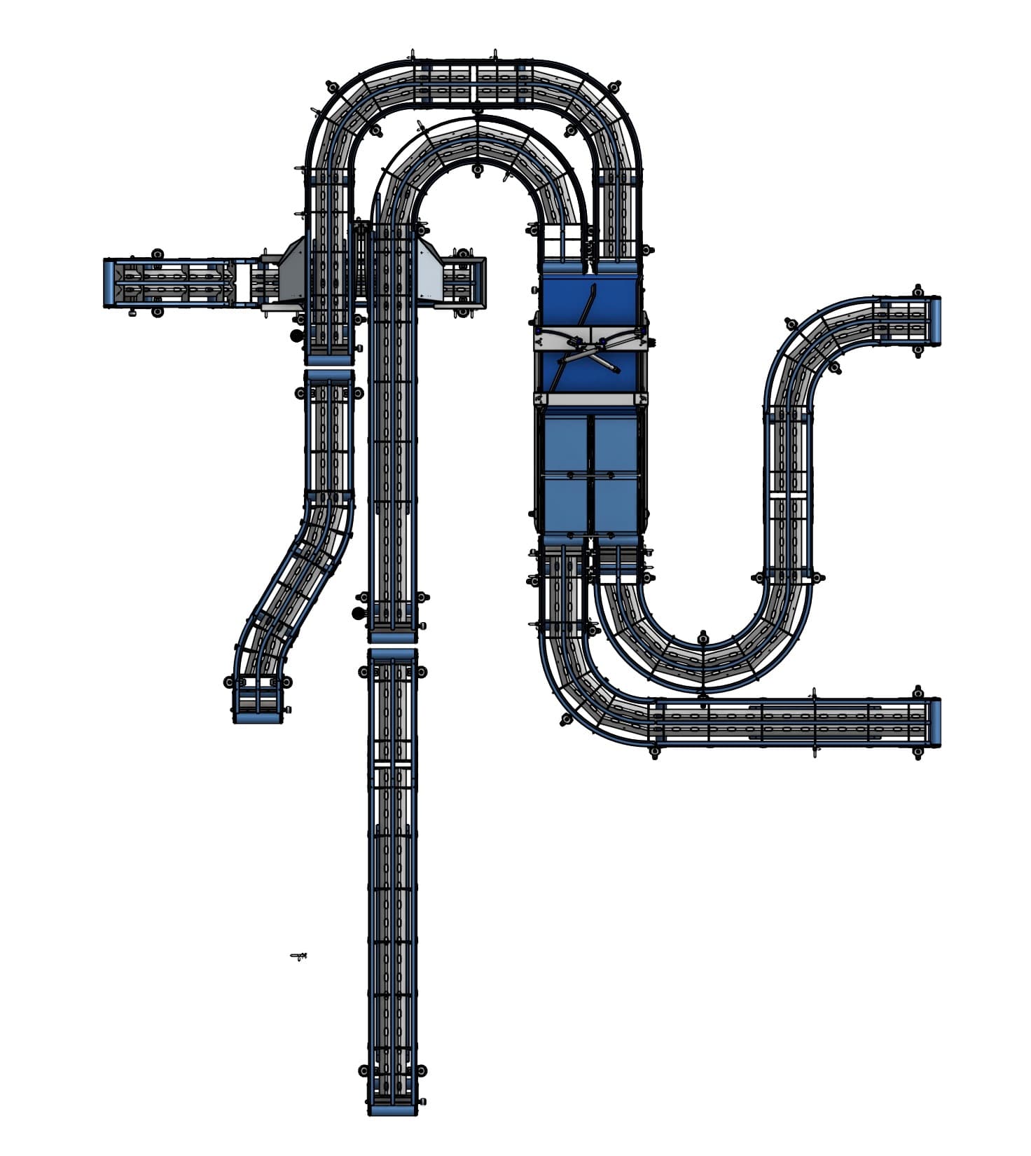 Top-view engineering layout of a multi-conveyor spline system: several S-curve and 180-degree radius belt conveyors threading between a wall penetration and packaging equipment, with a checkweigher and reject station mid-path