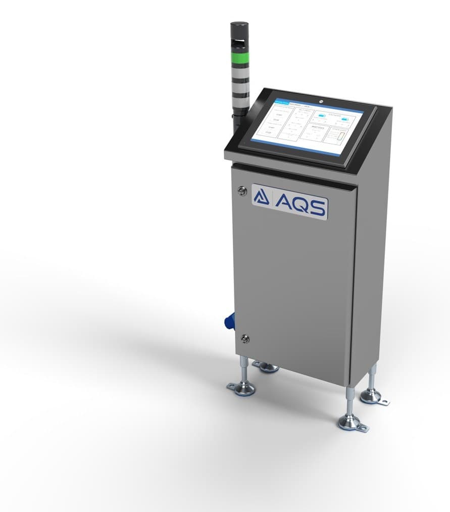 VeriPak node: stainless pedestal enclosure with touchscreen HMI, stack light, and hygienic feet