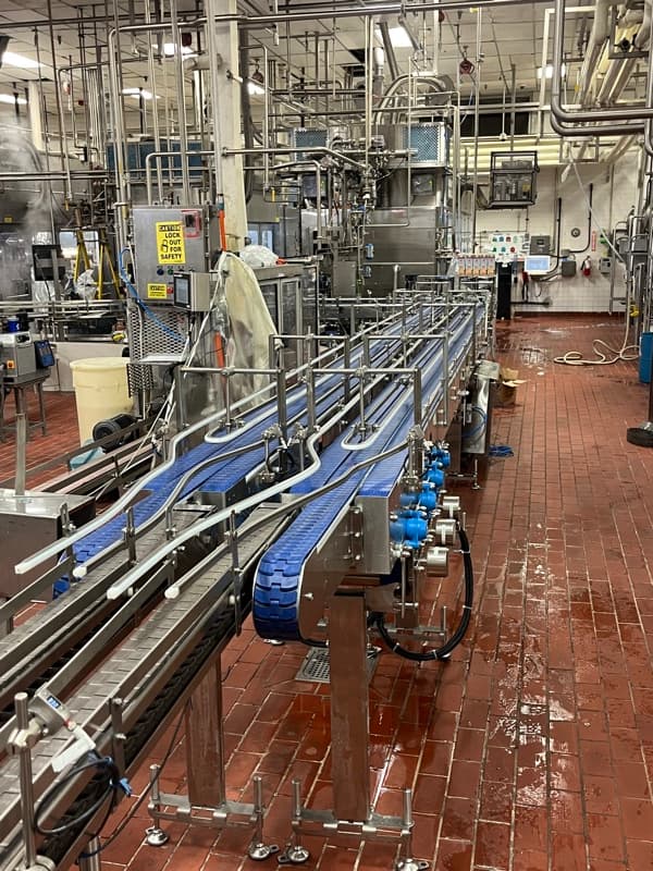EQ70 accumulation conveyor with blue modular belt and stainless guide rails on a washdown dairy production floor