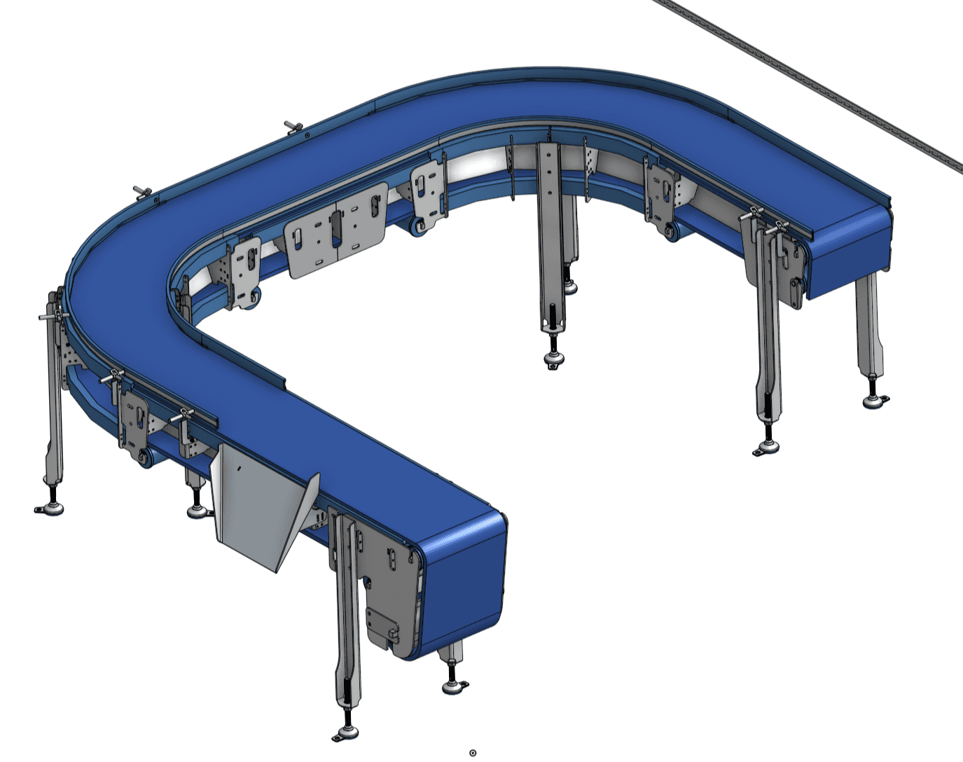 Engineering render of a 180° radius belt conveyor with curved guide rails and a discharge chute