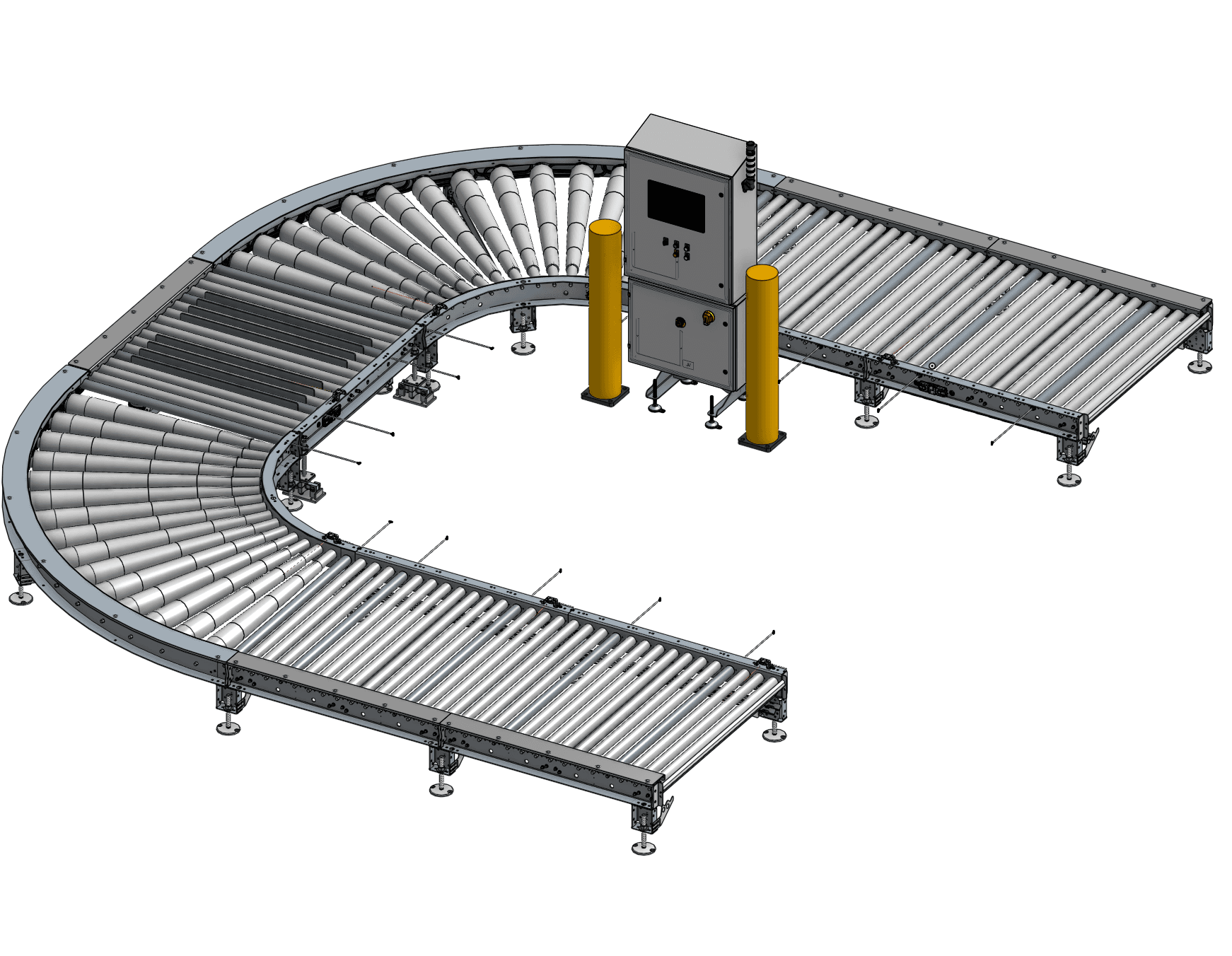 Engineering render of a stainless 24V MDR pallet conveyor loop with two tapered-roller 90° curves and a stainless control enclosure