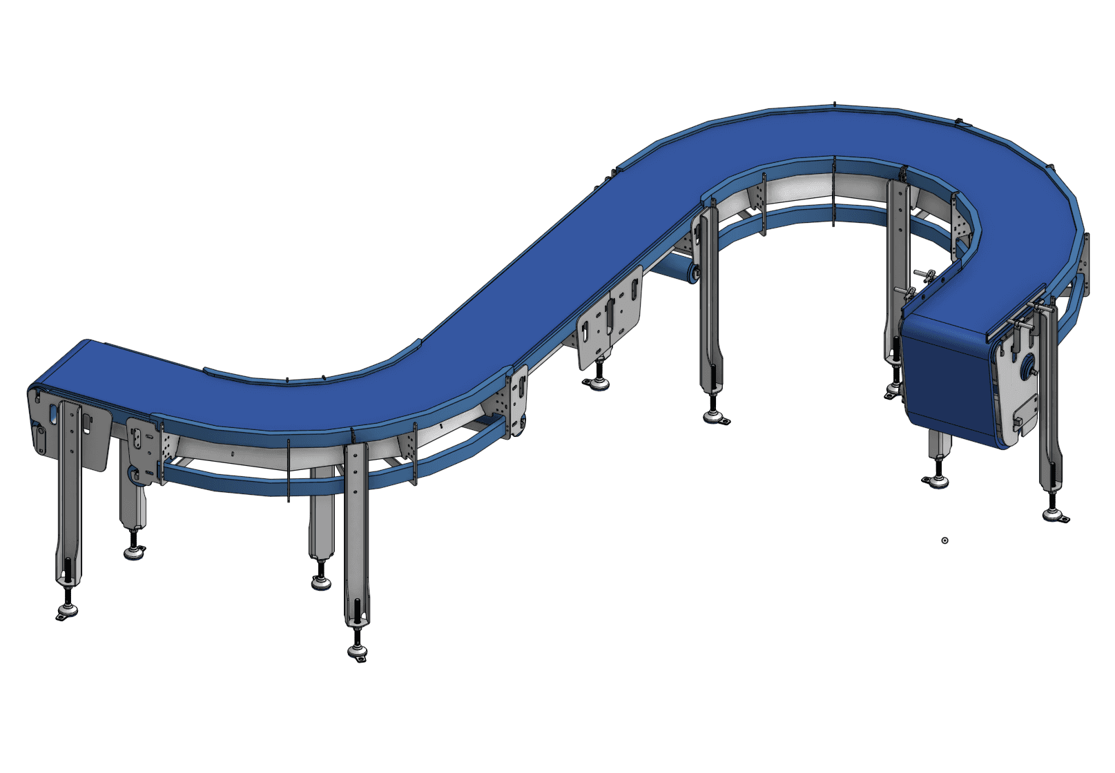 Engineering render of a stainless S-curve radius belt conveyor with side-flexing belt and drive at the outfeed