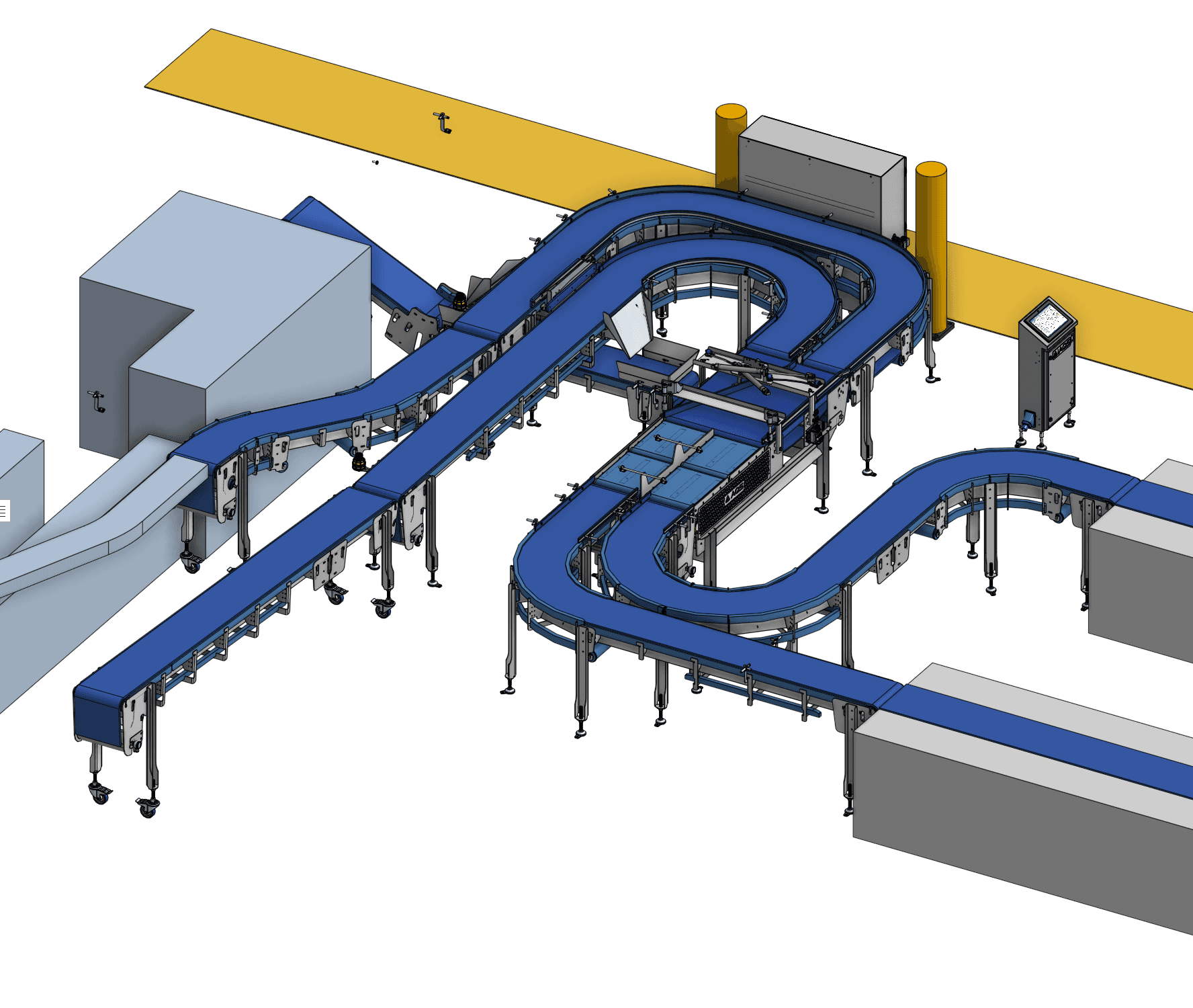 Engineering render of a packaging line with a serpentine zero-pressure accumulation section, lane divider, and HMI between the infeed and outfeed