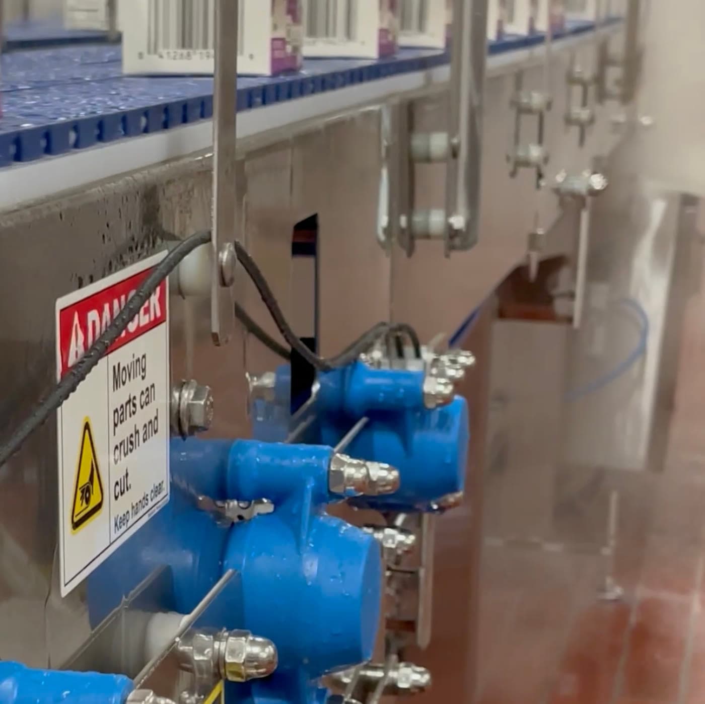 Wet blue modular belt conveyor carrying cartons with blue sanitary drive sprockets on a stainless frame